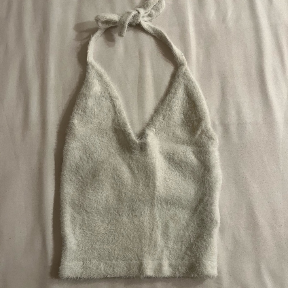 gymshark whitney simmons white fuzzy halter top